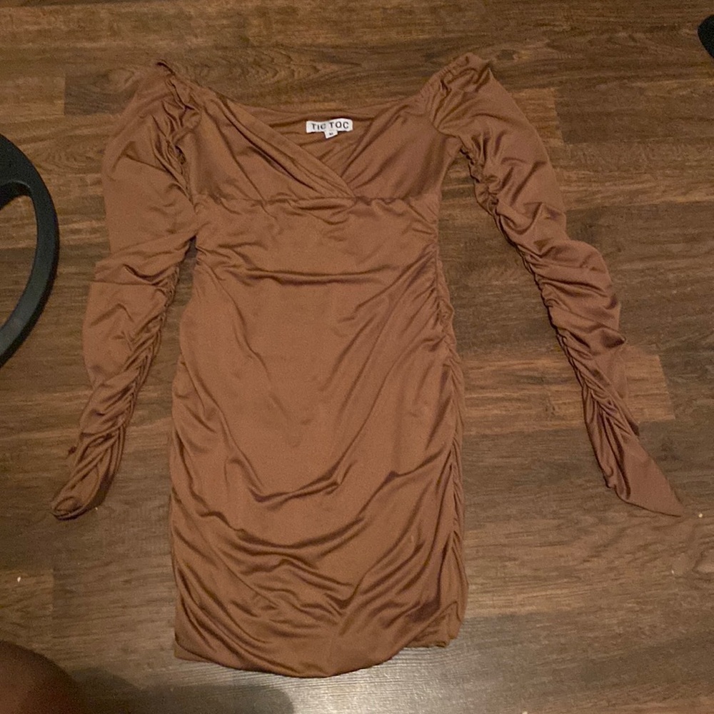 Nude brown off the shoulder dress